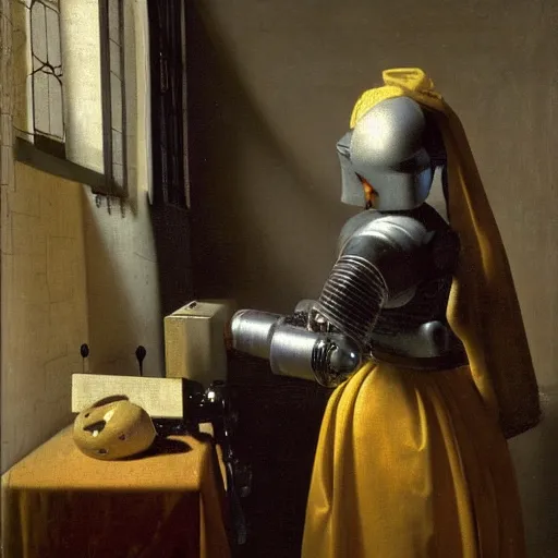 Prompt: a portrait of a detailed cybernetic robot by vermeer