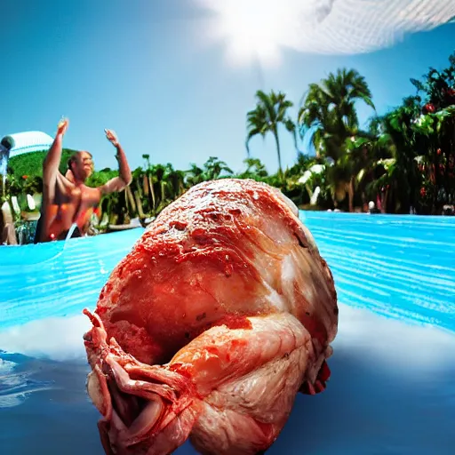 Image similar to photo of an enormous raw chicken emerging from the bottom of a waterslide at a water park on a sunny day in the style of a coca cola ad