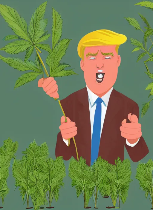 Image similar to digital portrait of a enthusiastic person looking like donald trump cultivating weed, holding pack of dollars in right hand, illustration realistic