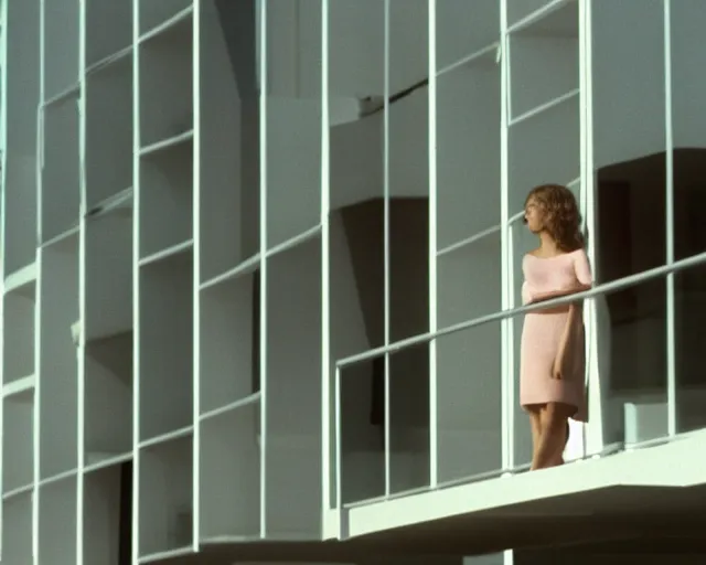 Image similar to a still of a young woman looking out from a huge concrete white balcony of a minimalist house, outside view, low angle, clear sky and background, in the music video Wrapped Around your Finger (1983)