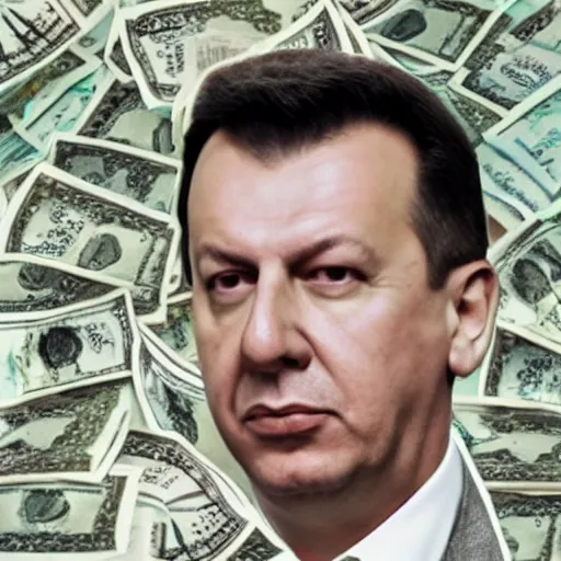 Prompt: aleksandar vucic counting money while sitting on it photo realistic