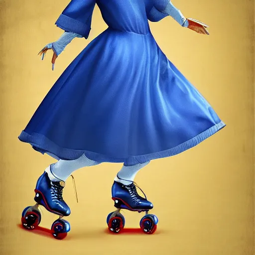 Prompt: blonde nun in blue clothes on roller skates, photorealistic, baroque style