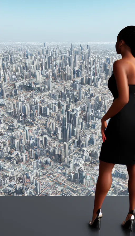 Prompt: an elegant Black woman in cocktail dress and heels, her back is to us, looking at a futuristic city, 8K, ultra realistic