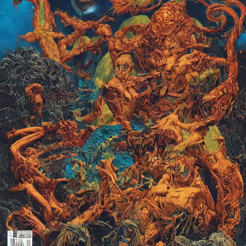 Prompt: abiogenesis, cover artwork by richard corben and André François and Jenny seville and frank stella, midnight hour, part by GREG HILDEBRANDT part by jeffrey smith, part by josan gonzales, part by Thomas Blackshear, part by phil hale, part by kim dorland, artstation, highly detailed