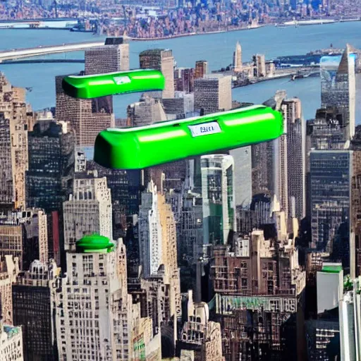 Prompt: green refrigerator flying, floating, hovering above new york city