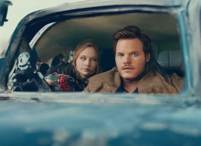 Image similar to a very high resolution image from a new movie, starlord. driving around. inside of a car. mountains, polaroid, directed by wes anderson