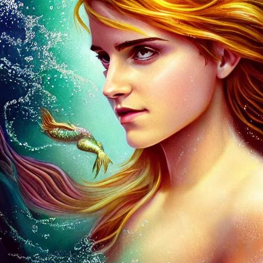 Prompt: a epic mark brooks painting of emma watson as a mermaid under water, 8 k, ultra detailed, lighting, water bubbles, sparkling, beautiful scaly mermaid tale, illustration, trending on art station, digial art by lois van baarle