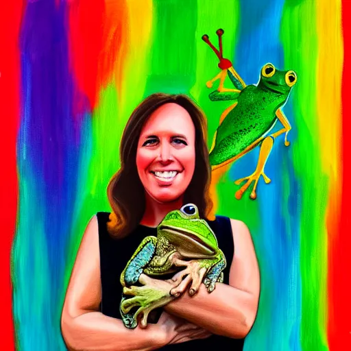 Image similar to alex jones holding a frog, frog, rainbow colors, oil on canvas