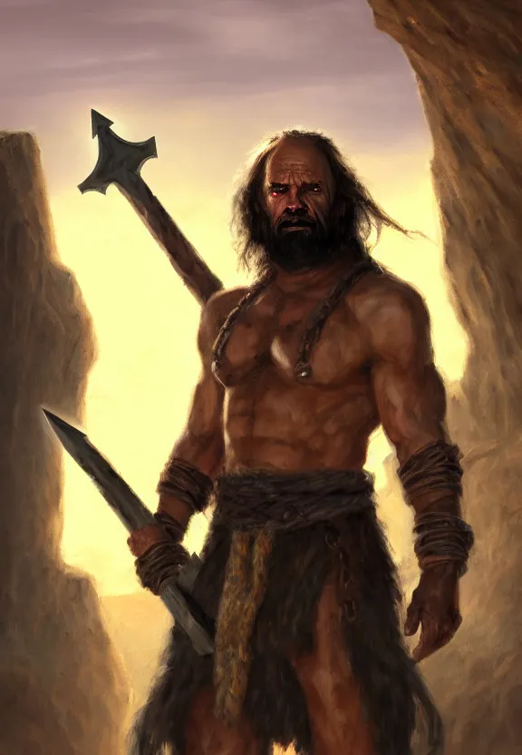 Prompt: a solitary randy savage with an anchor slung over his shoulder alone in a rocky desolate wasteland | portrait | hd 4 k | fantasy impressionist oil painting | middle earth | pathfinder | artstation | conan | darksun | d & d dungeons and dragons | barbarian