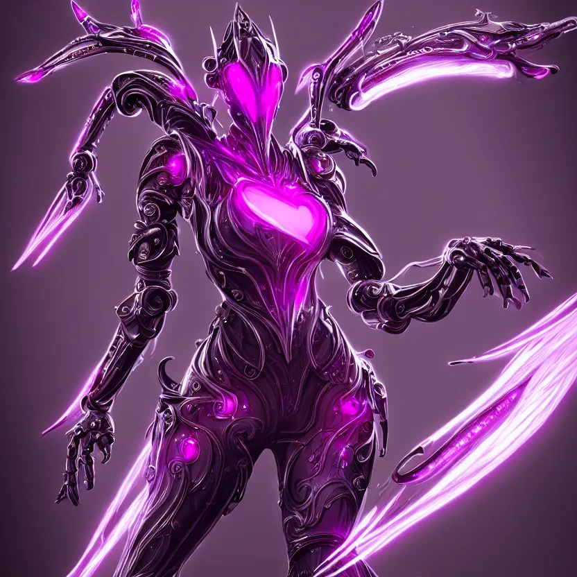 Image similar to highly detailed exquisite fanart, of a beautiful female warframe, but as an anthropomorphic robot dragon with glowing purple eyes, shiny silver armor with fuchsia accents, engraved, elegant pose, close-up shot, full shot, epic cinematic shot, sharp claws for hands, professional digital art, high end digital art, singular, realistic, DeviantArt, artstation, Furaffinity, 8k HD render