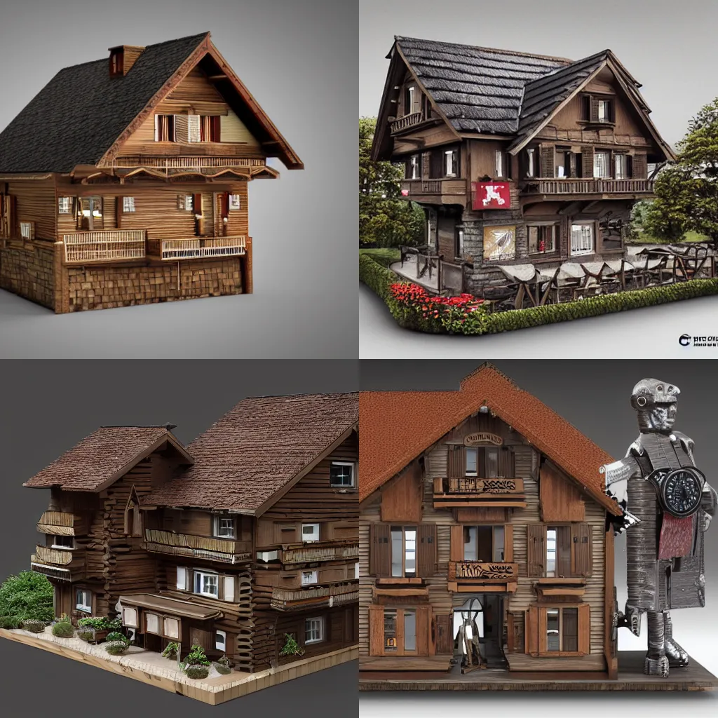 Prompt: Swiss chalet made of watch parts, detailed, cgsociety