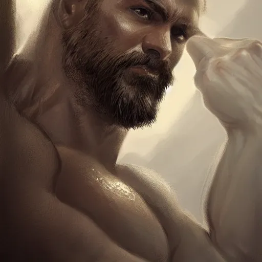 Image similar to portrait of a rugged ranger, muscular, upper body, hairy torso, detailed detailed detailed hands hands hands hands, D&D, fantasy, bare bare bare bare thighs thighs thighs intricate, elegant, highly detailed, digital painting, artstation, concept art, smooth, sharp focus, illustration, art by wlop