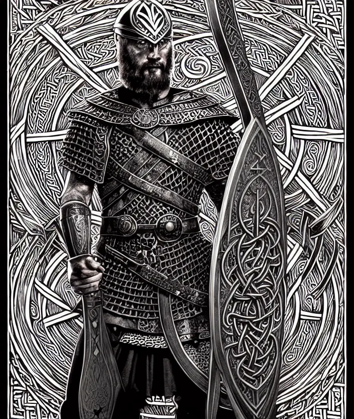 Prompt: knotwork with center viking warrior, extremely detailed, bold line art, by vincent di fate and joe fenton and artgerm, holding shield and sword, centered, inking, etching, screen print, inkblots of color, masterpiece, trending on artstation, sharp, high contrast, hyper realistic, hd, 4 k, 8 k