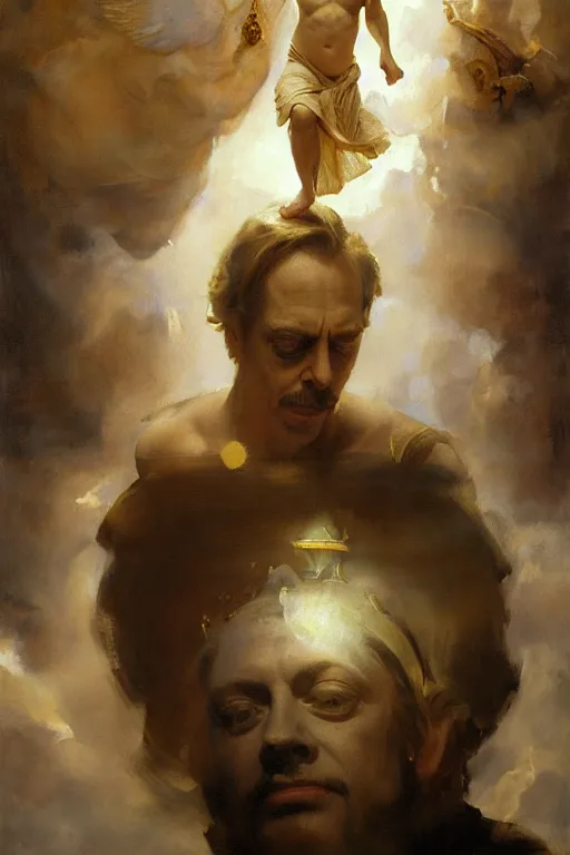 Image similar to beautiful oil painting portrait of ancient roman god emperor steve buscemi floating in the air wearing the civic crown levitating and ascending in a religious pose, ascension, art by anders zorn, wonderful masterpiece by greg rutkowski, expressive brush strokes, beautiful cinematic light, american romanticism by greg manchess, jessica rossier