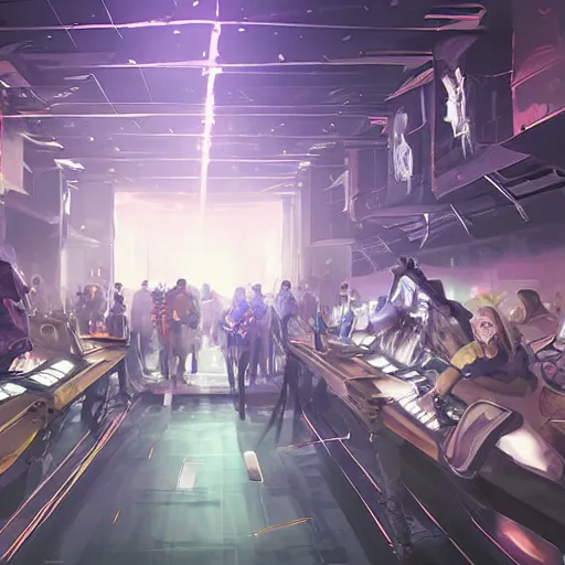 Prompt: hall in cyber space concept, a lot of people siting on tables, large screen, artstation, halloween