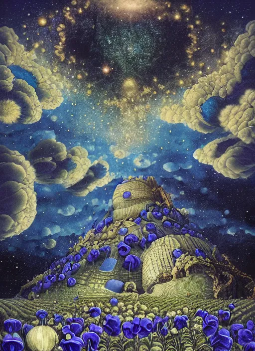 Image similar to detailed, intricate blue black and purple papaverum flower on the field, nebula, galaxy in the sky, winning award masterpiece, fantastically beautiful, illustration, aestheticly inspired, jacek yerka, upscale with anguissola sofonisba work, artstation, 8 k