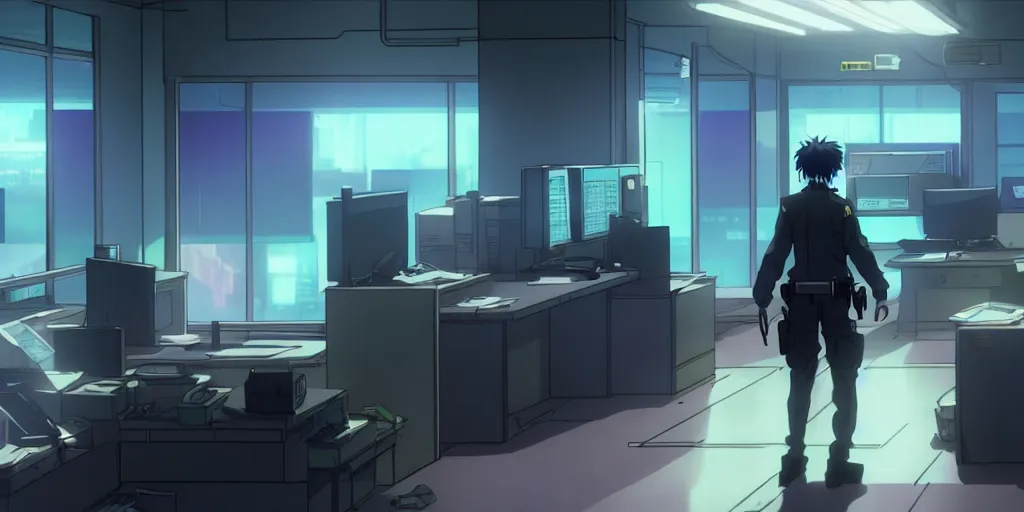 Image similar to an empty quiet quiet after hours cyberpunk police office office in the cyberpunk neon noir anime film, Shichiro Kobayashi, screenshot in the anime series ergo proxy ergo proxy ergo proxy and Detroit metal city, interior