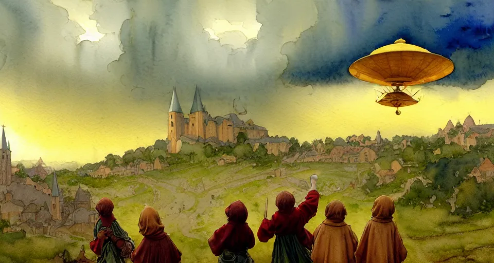 Image similar to a hyperrealist watercolor concept art of an elegant golden ufo in the sky above a small medieval town during a thunderstorm. one dirty medieval peasant child is in the foreground pointing up at the sky. very muted colors, by rebecca guay, michael kaluta, charles vess. high detail, hq, wide shot, 4 k