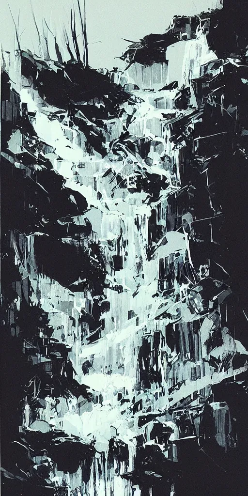 Image similar to eerie waterfall, ashley wood illustration