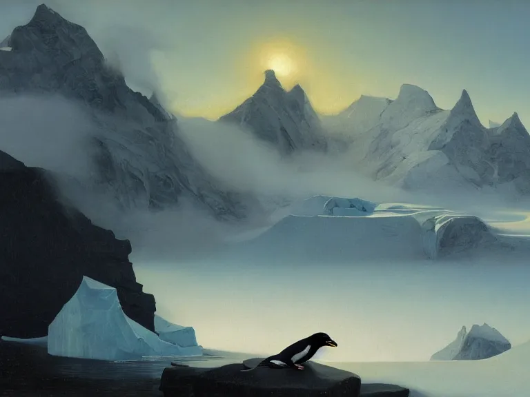 Prompt: an oil painting of a penguin and a misty glacier at dawn. by tuomas korpi moebius and carl spitzweg. baroque elements. intricate artwork by caravaggio. oil painting. oil on canvas. award winning. dramatic. trending on artstation. 8 k