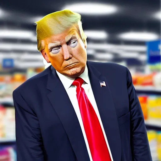 Image similar to donald trump without a suit in walmart, highly detailed, deep focus, elegant, digital painting, smooth, sharp focus, illustration, ultra realistic, 8 k