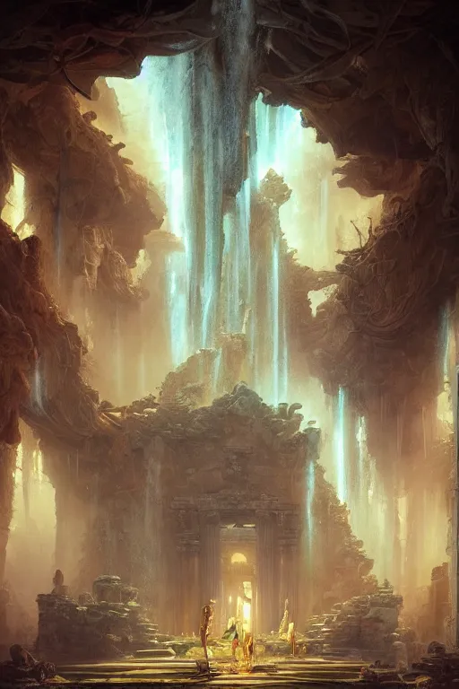 Prompt: Detailed Interior of Temple Ruins, Waterfall walls, light of god, light shafts, incense, stunning atmosphere, in Style of Peter Mohrbacher, cinematic lighting