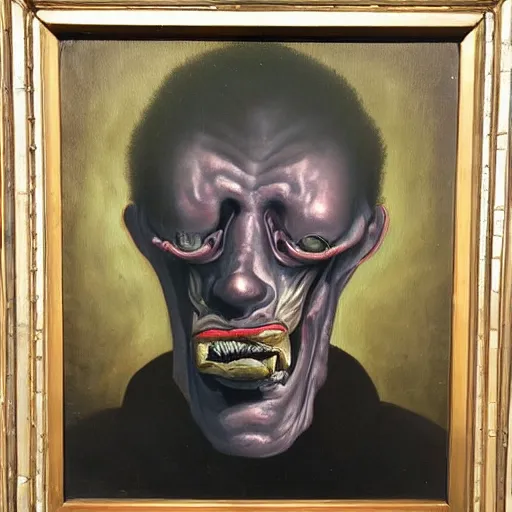 Image similar to Oil painting by Christian Rex Van Minnen of a portrait of an extremely bizarre disturbing mutated man with intense chiaroscuro lighting perfect composition