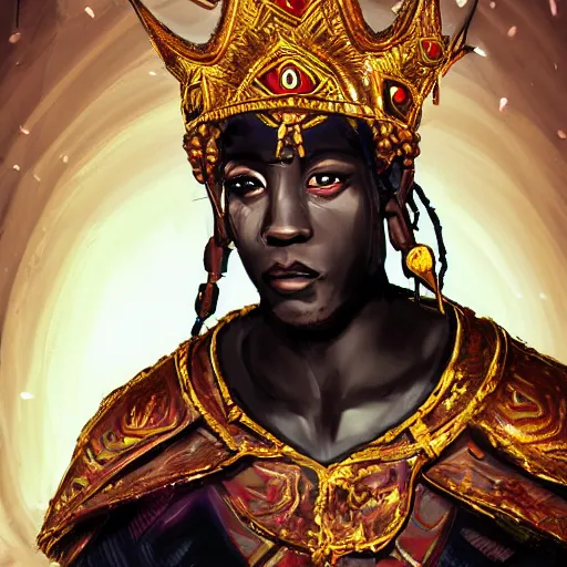 Image similar to a young black boy dressed like an african moorish warrior in gold armor and a crown with a ruby, posing with a very ornate glowing electric spear!!!!, for honor character digital illustration portrait design, by android jones in a psychedelic fantasy style, dramatic lighting, hero pose, wide angle dynamic portrait