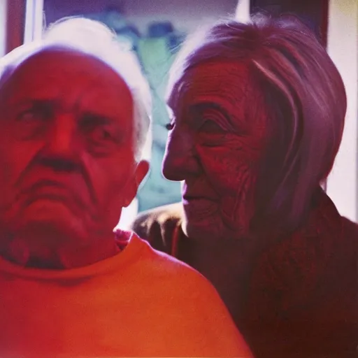 Image similar to a medium shot, colored studio photographic portrait of a old couple, dramatic backlighting from below, below light, kodachrome camera, kodachrome, with strong reds and greens, 1 9 9 9 photo from life magazine,