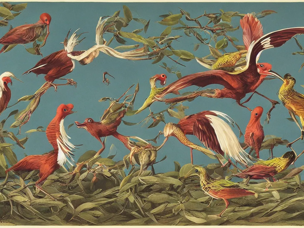 Image similar to Splendid, exotic, mutant, alien bird in a mating ritual. Joy of life. Painting by Walton Ford