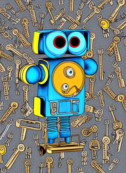 Image similar to colored pencil and pen drawing of an animatronic robot owl, bird made from rusty old keys and padlocks, space background, 8 k photorender realityengine