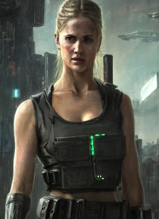 Prompt: sonya blade. cyberpunk police trooper in a military vest ( blade runner 2 0 4 9, cyberpunk 2 0 7 7 ). orientalist portrait by john william waterhouse and james gurney and theodore ralli and nasreddine dinet, oil on canvas. cinematic, hyper realism, realistic proportions, dramatic lighting, high detail 4 k