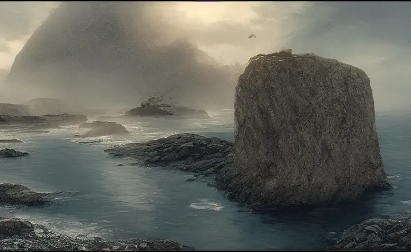 Image similar to exterior traveling greyhound bus circa 2 0 1 5, directed by charlie kaufman ( 2 0 0 1 ) anamorphic lenses, a rocky shore in the foreground, foggy volumetric light morning, a beam of light from the heavens, cinematic trending on artstation in the style of greg rutkowski