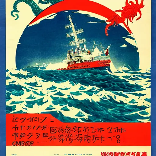 Prompt: cthulhu attack ship in ocean, old japanese poster