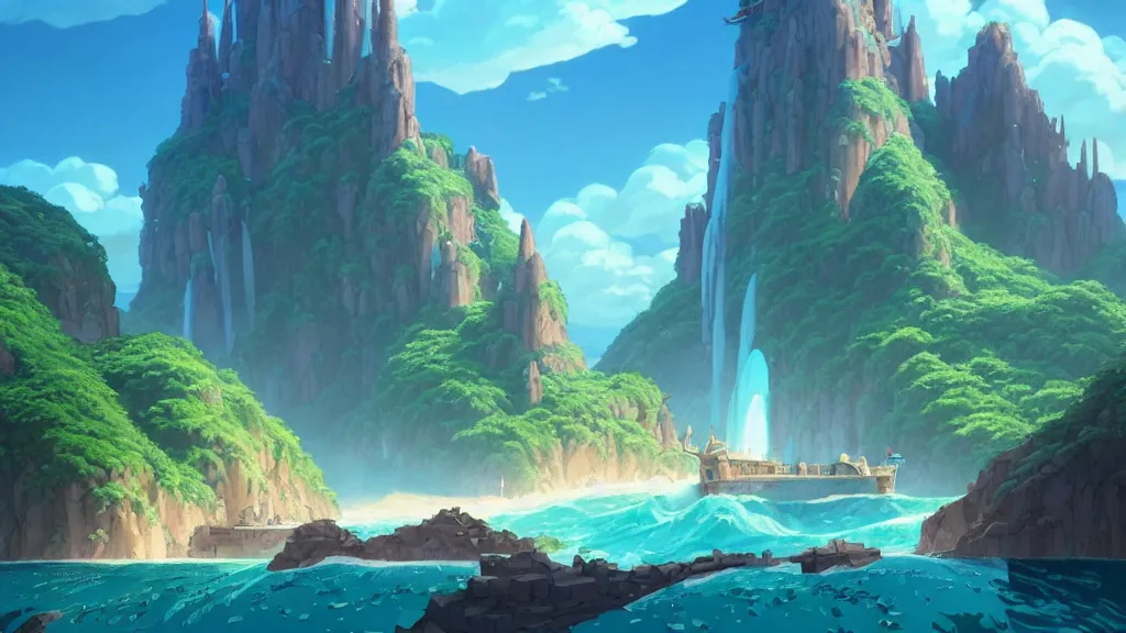 Image similar to atlantis, studio ghibli, pixar and disney animation, sharp, rendered in unreal engine 5, highly detailed, digital painting, artstation, concept art, smooth, sharp focus, illustration, wide angle, artbook, wallpaper, splash art, promo art, dramatic lighting, art by artgerm and greg rutkowski and bo chen and jin xiaodi