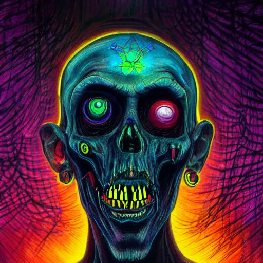 Image similar to a death tarot featuring a haitian voodoo priest with menacing eyes, blacklight neon colors, by anton semenov and android jones in cyberpunk voodoo style, oil on canvas, 8k