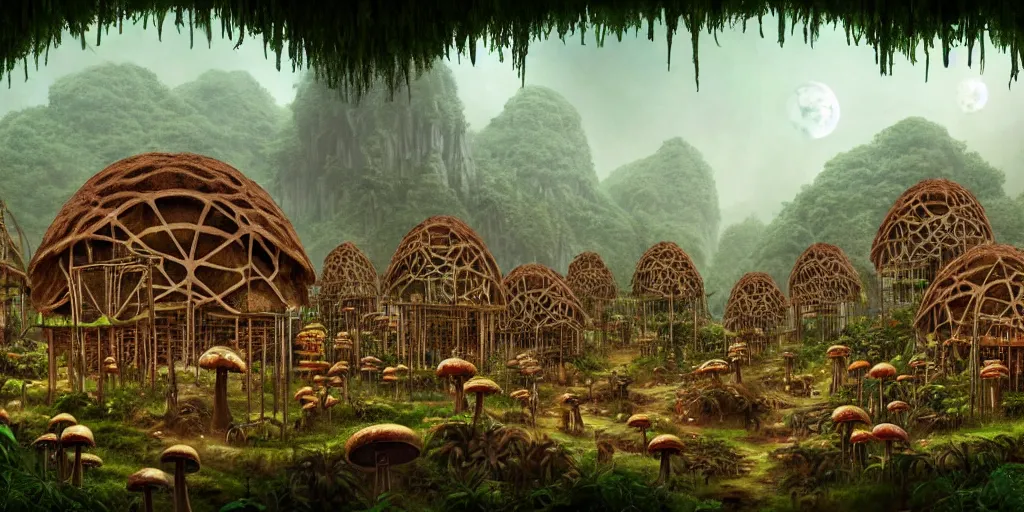 Prompt: a jungle village of cybernetic albino gorillas and their mushroom huts, matte oil painting, retrofuturistic, science fantasy, rusted libraries, salt power, lgbt, queer, rpg, epic, dungeons & dragons, sacred, sharp focus, award - winning, extremely detailed, 4 k, 8 k