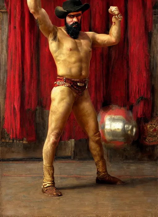 Image similar to Old west circus wrestler (rdr2). Iranian orientalist portrait by john william waterhouse and Edwin Longsden Long and Theodore Ralli and Nasreddine Dinet, oil on canvas. Cinematic, hyper realism, realistic proportions, dramatic lighting, high detail 4k