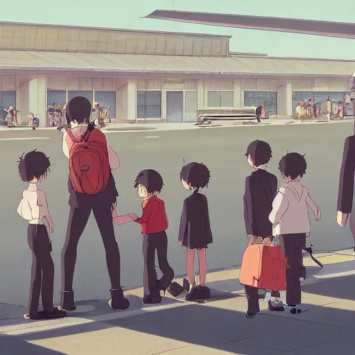 Prompt: A family saying goodbye to their children at a busy plane train station, by Dice Tsutsumi, Makoto Shinkai, Studio Ghibli