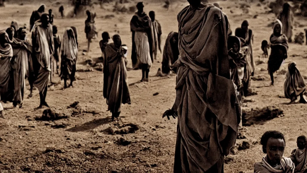 Prompt: 1984 Ethiopian biblical famine and drought, moody, dark, portrait, movie scene, hd, 4k, wide shot
