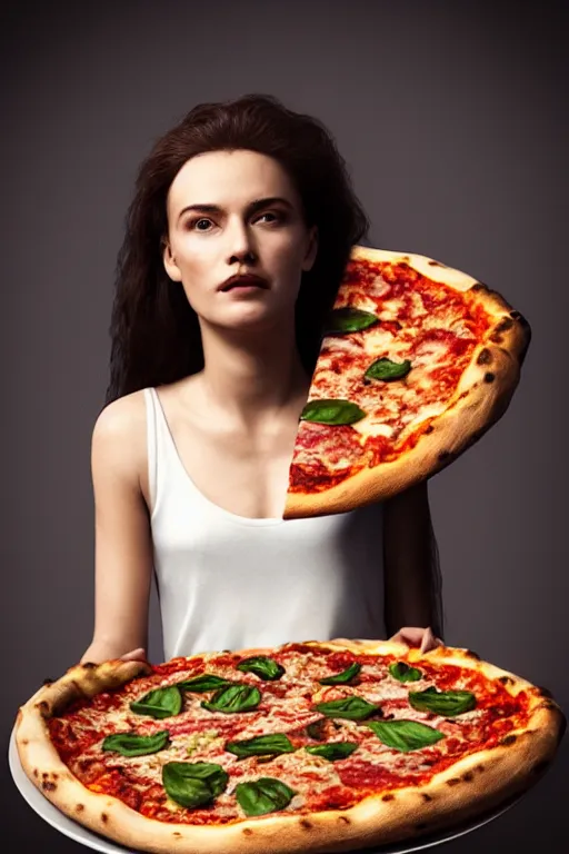 Image similar to queen margherita ( savoy ) eating!!! a pizza! margherita, full body, portrait photo, diffuse light, trending on artstation, octane, masterpiece