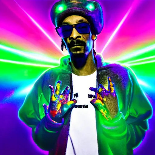 Prompt: psychedelic snoop dogg with luminous scars, lasers and neon and a halo of light