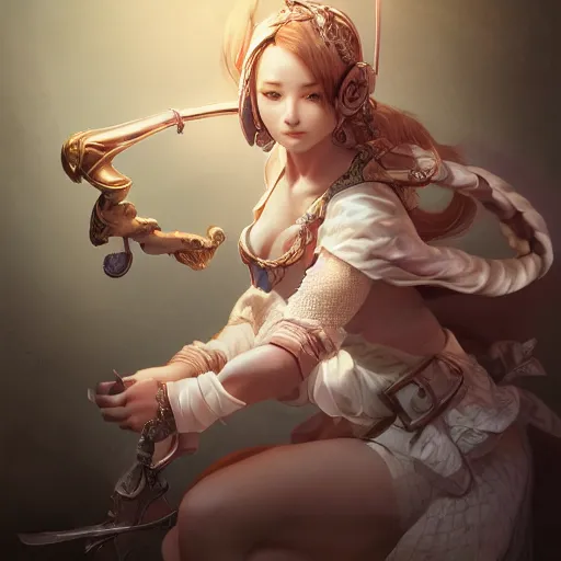 Image similar to studio portrait of neutral good female cleric bard as absurdly beautiful, gorgeous, elegant, sophisticated gravure idol, an ultrafine hyperdetailed illustration by kim jung gi, irakli nadar, intricate linework, sharp focus, bright colors, octopath traveler, final fantasy, unreal engine 5 highly rendered, global illumination, radiant light, detailed and intricate environment