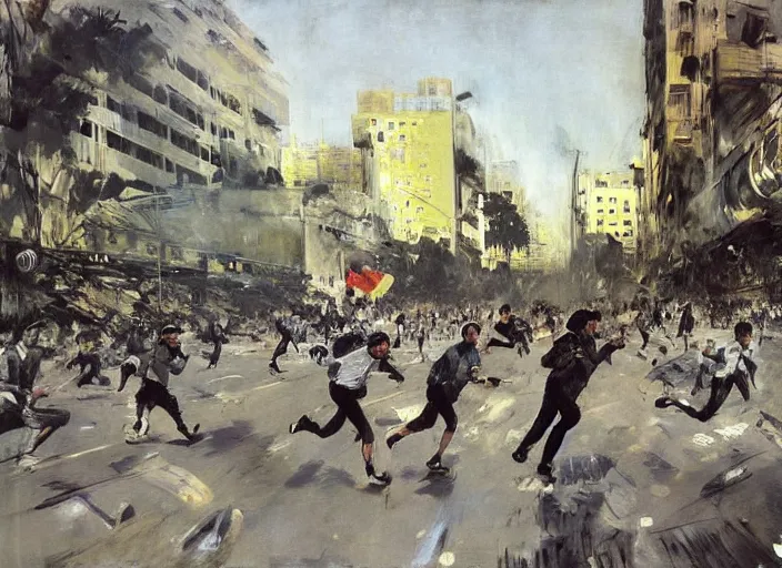 Prompt: people running at full speed protesting in dystopian santiago de chile by john berkey and manet