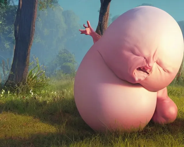 Image similar to of a very beautiful scene. ambient occlusion render. a sweet fat old woman is giving birth a beautiful colorful huge egg. hyper realistic. 4 k. wide angle. wild. symmetrical face, red mouth, blue eyes. deep focus, lovely scene. ambient occlusion render. concept art. unreal engine.