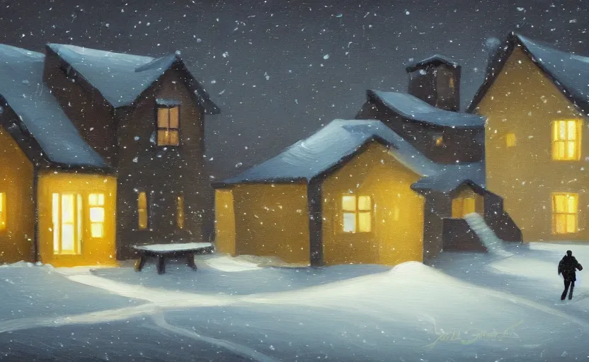 Prompt: snowy dark night scene depicting a house with one bright window and a man running away from it. oil painting.