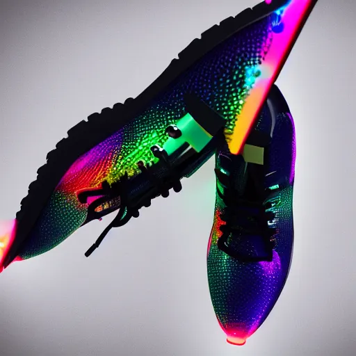Image similar to close up of an rgb futuristic shoe with rainbow wings