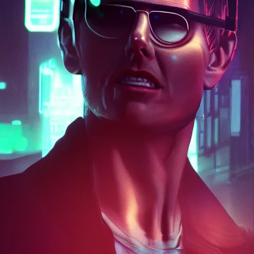 Image similar to tom cruise portrait, Cyberpunk 2077, cyberpsycho, photorealistic, ultra detailed, neon, octane, bokeh, cyber, cyberpunk city, feature, scars, cyberface, 8k