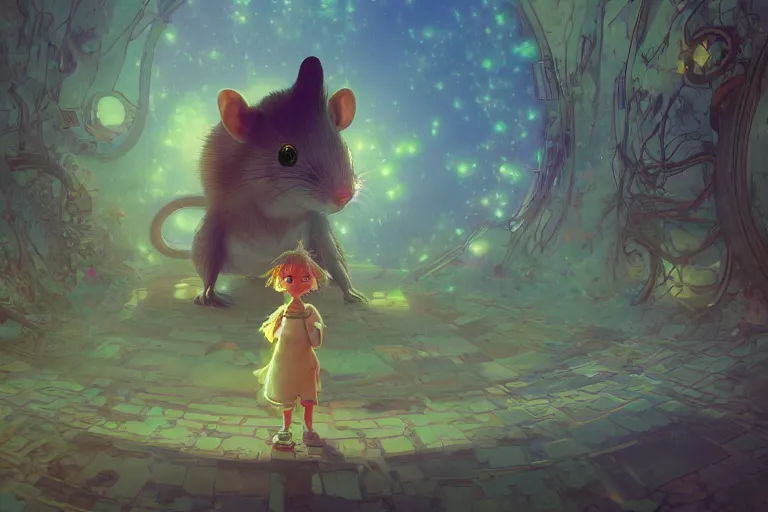 Image similar to a dreamy otherworldly 3 d render of anthropomorphic cyborg rodent on pathway to castle, studio ghibli, pixar and disney exploded - view drawing, sharp, disney octane render splatter paint vray by shinji kimura and alphonse mucha and alena aenami, maximalist pastel color palette, ( ( bloom ) ), dramatic lighting