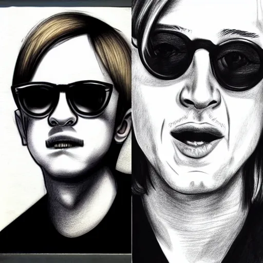 Prompt: portrait macaulay culkin in sunglasses, realistic, ink, line drawing, sketch, fineart